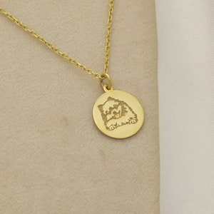 May include: A gold chain necklace with a round pendant featuring an engraved image of a dog.
