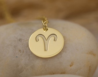 14K Solid Gold Aries Zodiac Necklace - Ram Symbol Astrology Pendant, Horoscope Jewelry for Aries, Fire Sign Constellation, Birthday Gift