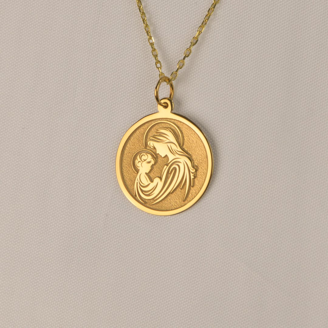 14K Solid Gold Virgin Mary Necklace • Mary and Jesus Coin Pendant ...