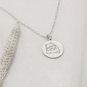 May include: A silver necklace with a round pendant featuring a dog's face engraved in the center.