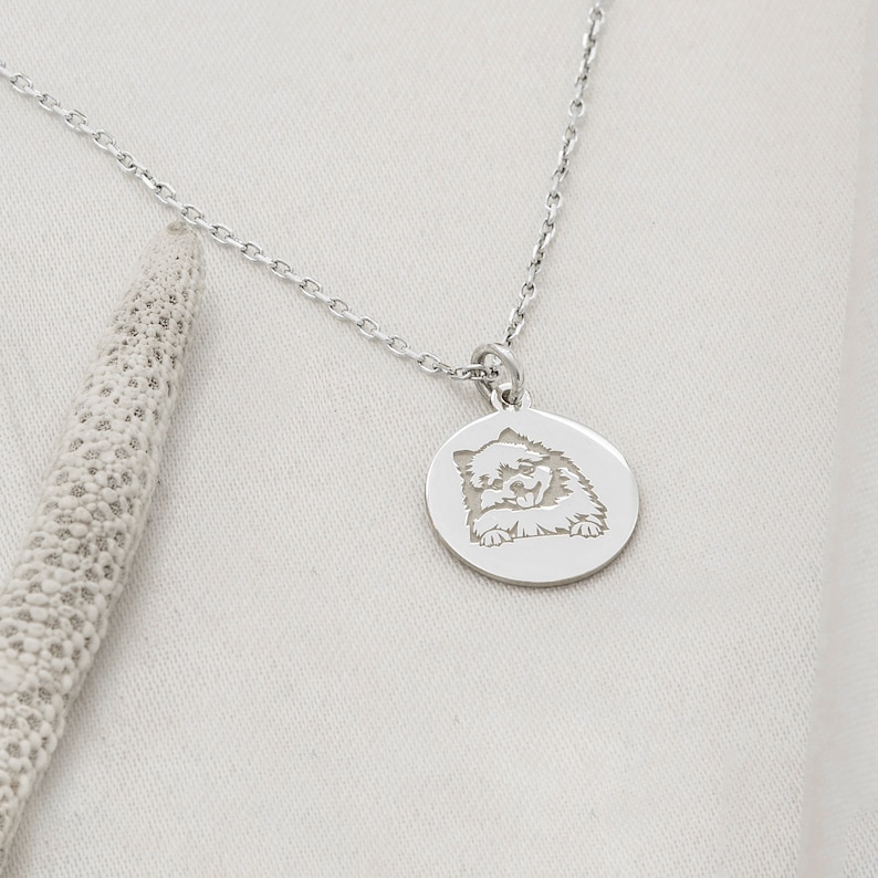 May include: A silver necklace with a round pendant featuring a dog's face engraved in the center.