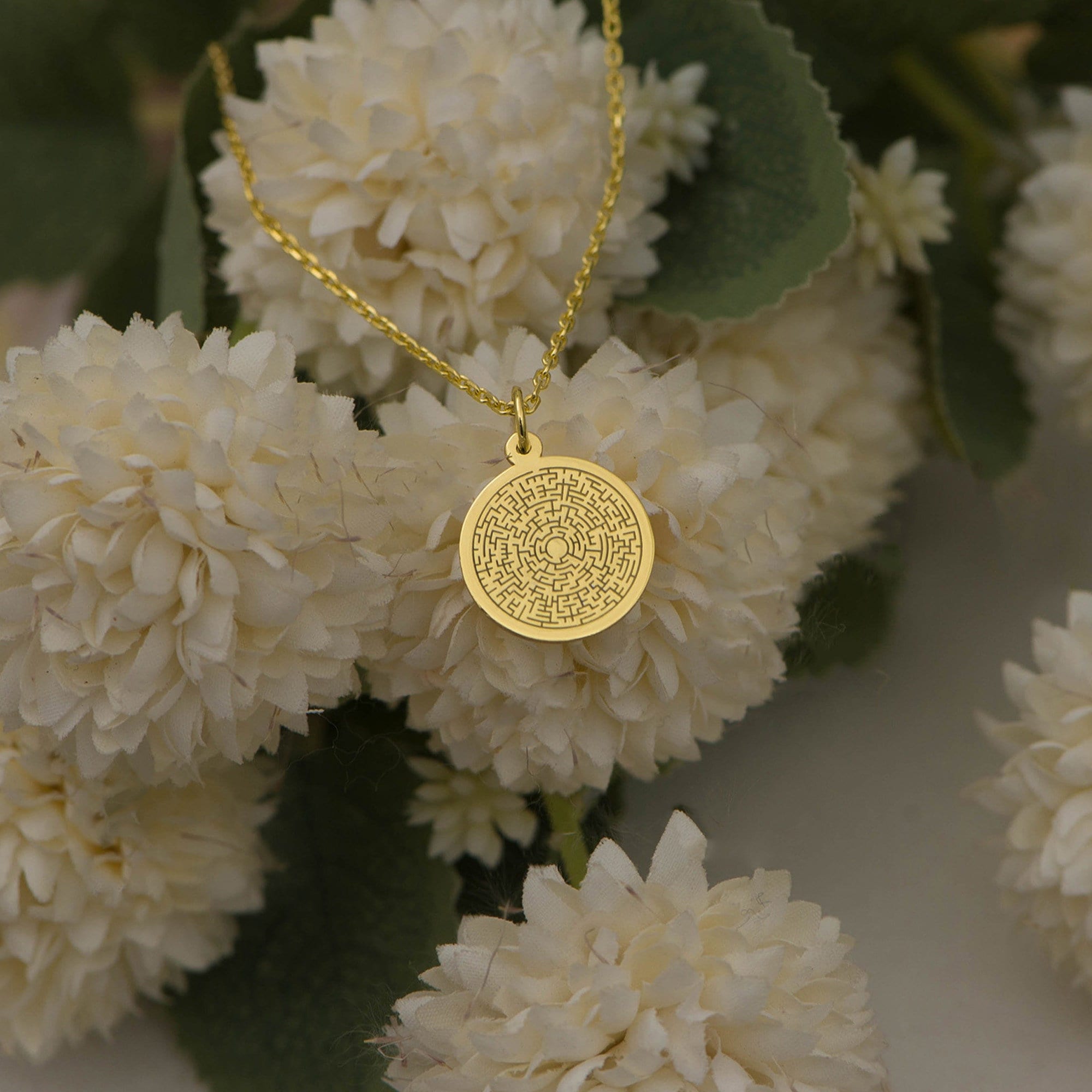 14K Solid Gold Labyrinth Necklace - Spiritual Maze Pendant, Meditation Jewelry, Mindfulness Gift, Mystical Pathfinding Symbol, Gift For Her