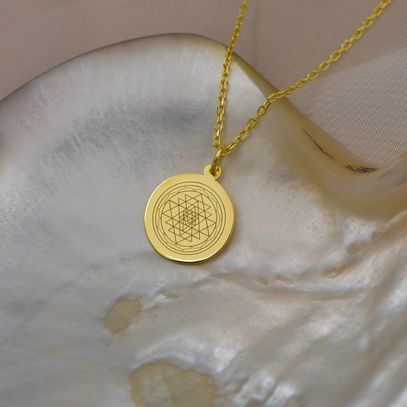 14K Solid Gold Sri Yantra Necklace - Sacred Geometry Pendant, Spiritual Meditation Jewelry, Energy Healing Amulet, Yoga Gift for Mindfulness image 1