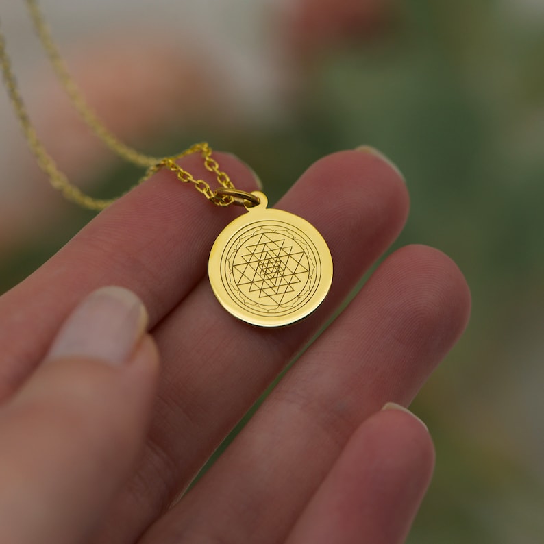 14K Solid Gold Sri Yantra Necklace - Sacred Geometry Pendant, Spiritual Meditation Jewelry, Energy Healing Amulet, Yoga Gift for Mindfulness image 3