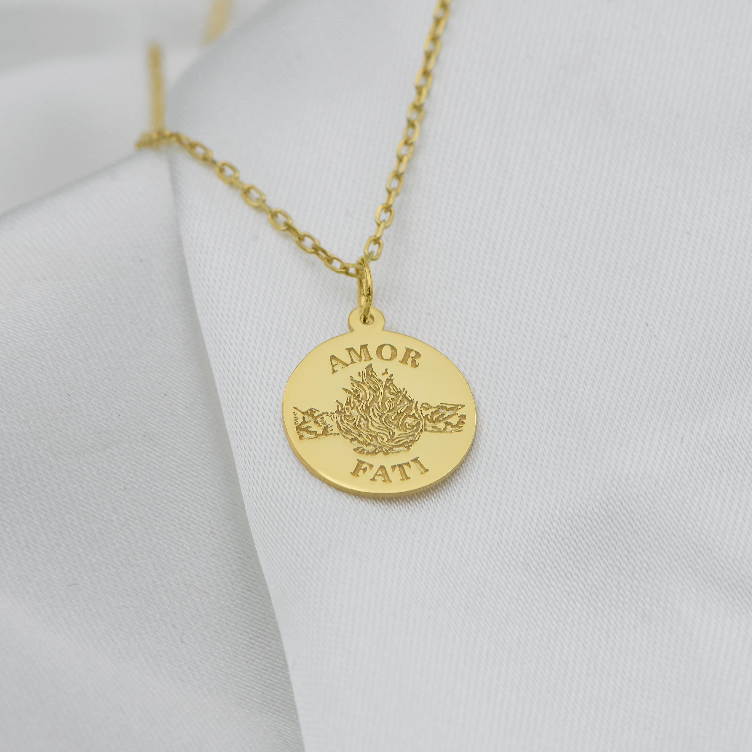 14K Solid Gold Amor Fati Necklace – Handmade Stoic Philosophy Pendant, Custom Latin Quote Jewelry for Him or Her | Free Engraving Gift
