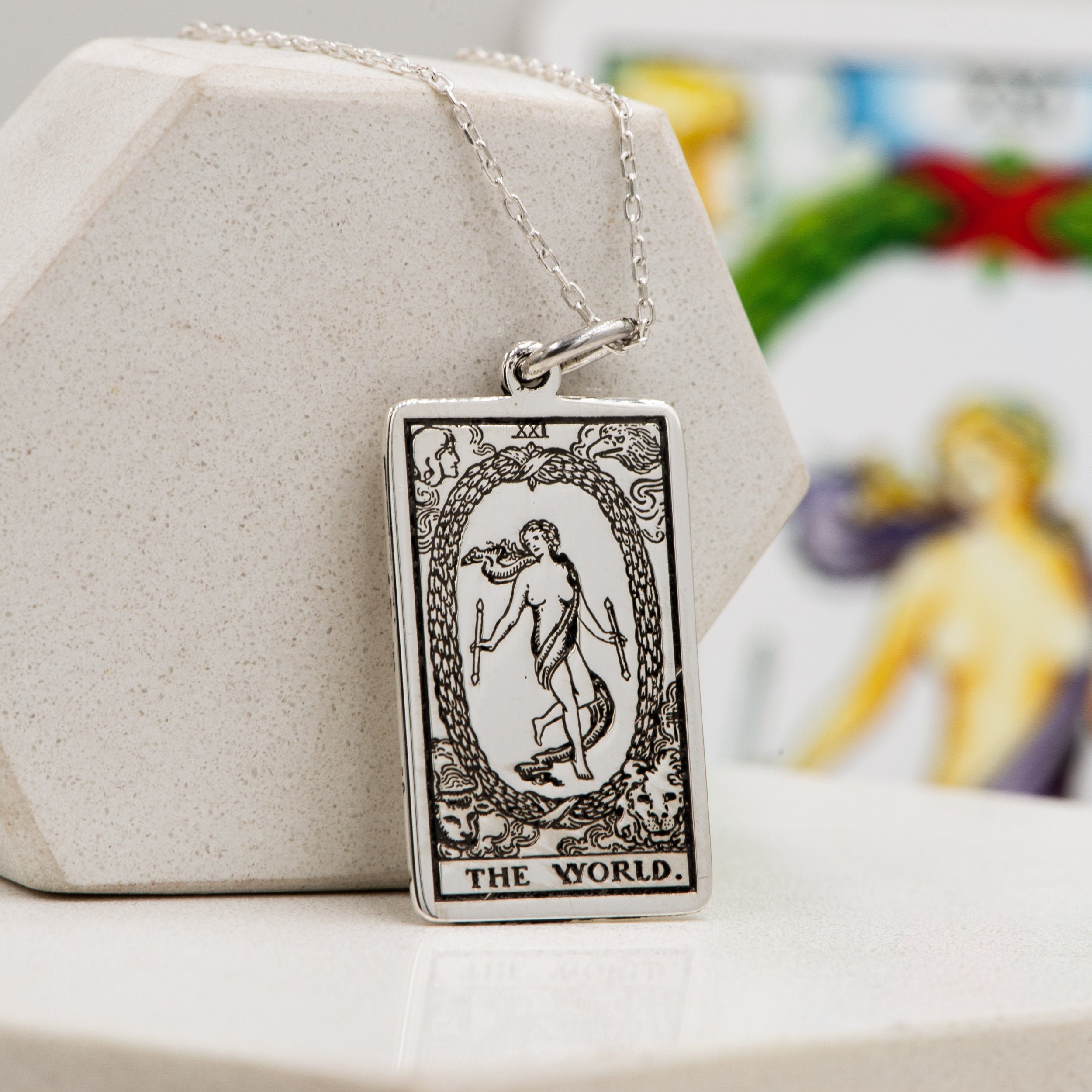 Tarot Gifts Tarot Jewelry The World Tarot Card Necklace Silver Etsy