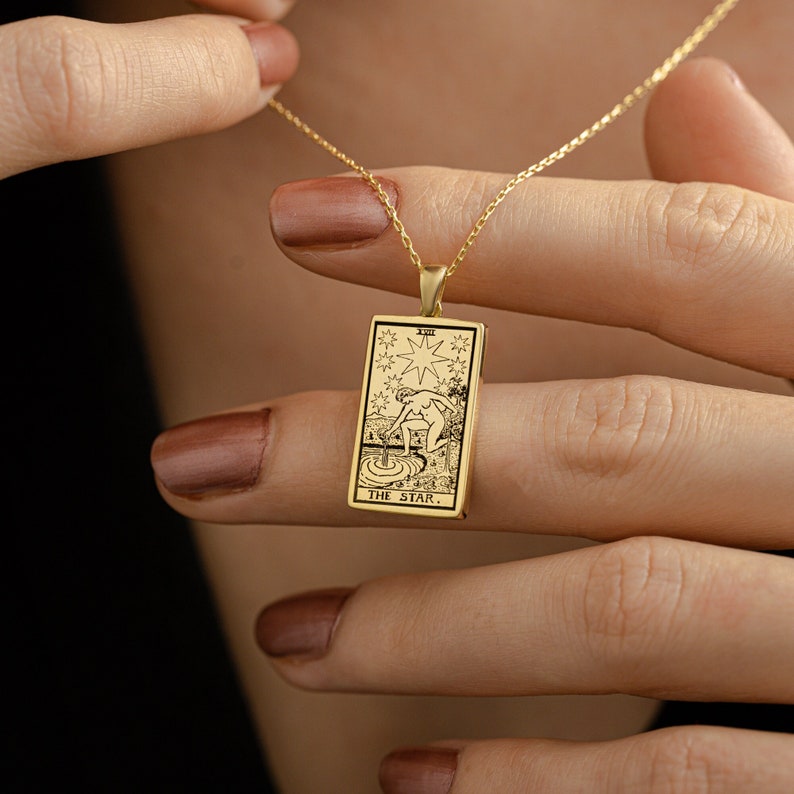 Double Sided Zodiac Tarot Necklace Aquarius The Star By Demir Uluer - Dainty Horoscope Pendant - Astrology Jewelry - Mothers Day Gifts image 1