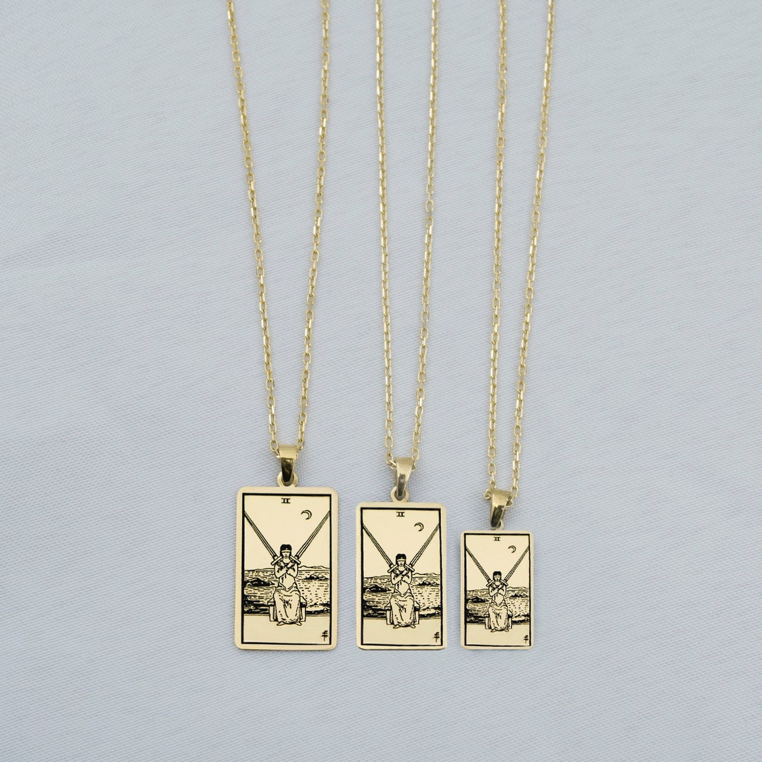 14k Solid Yellow Gold Tarot Tag Two of Swords 14k Real Rose Gold Tarot