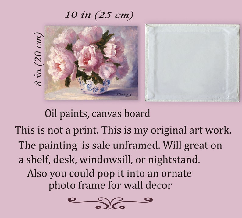 Peony Painting Flower Original Art Floral Wall Art Pink Peonies In Vase Oil Canvas Artwork 8 by 10 inch by N.Chernous image 9