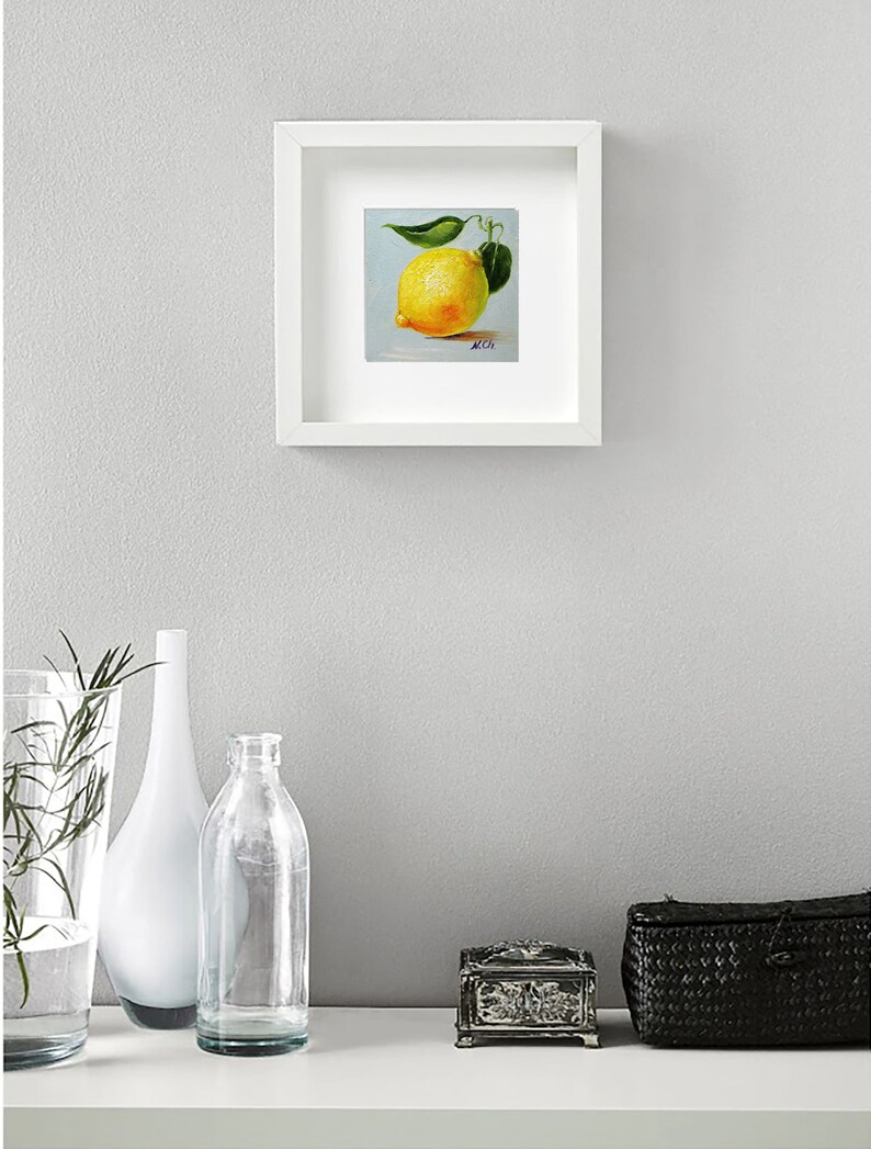 Lemon oil painting. Small original kitchen artwork.