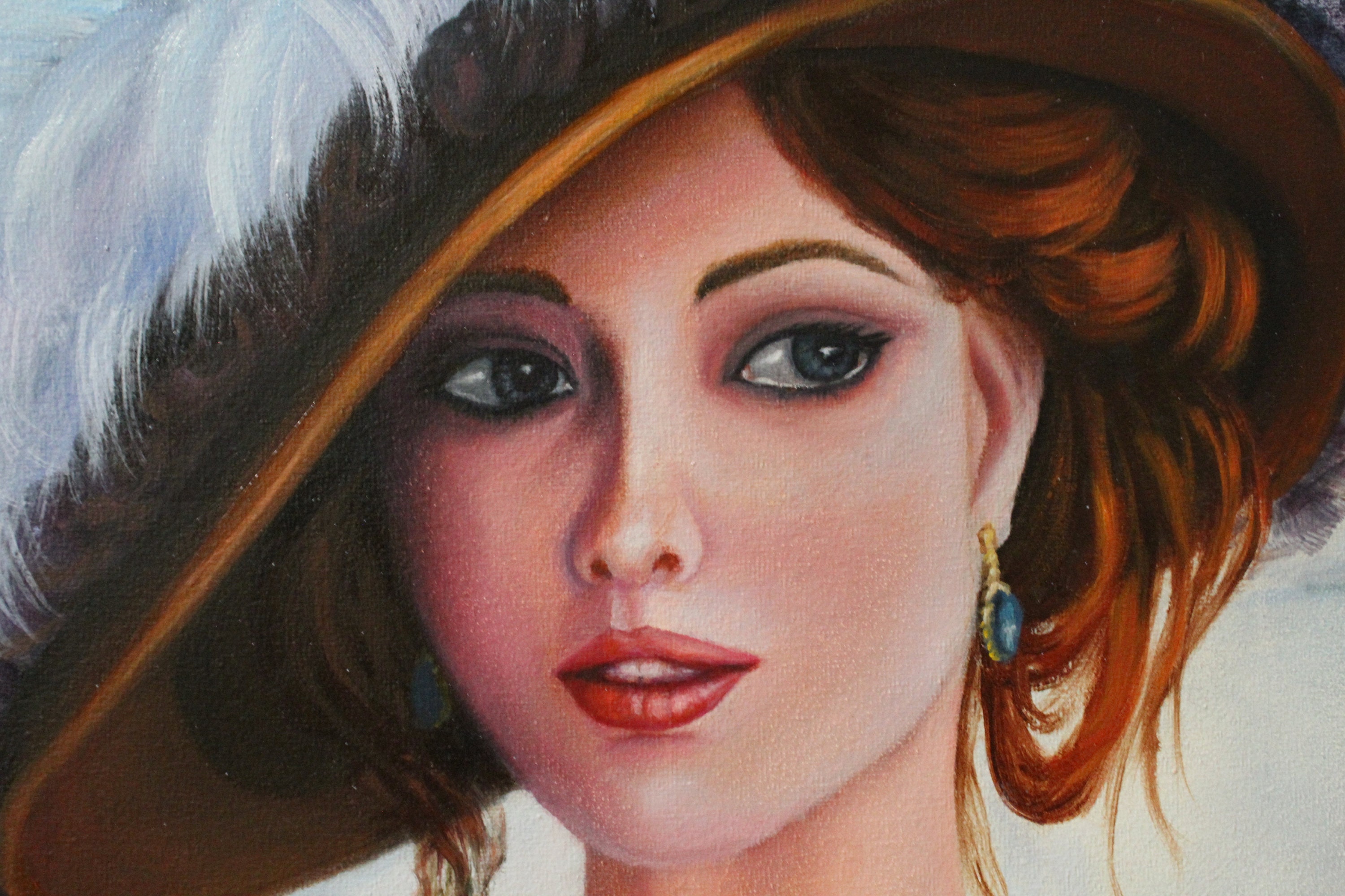 Lady in hat painting Young girl oil color painting decor Etsy