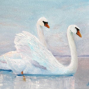 Swan Painting Landscape Lake With Birds Original Painting Oil White Two Swans Art Made To Order