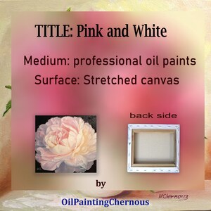 Peony oil painting on stretched canvas. A close-up of a single, pale pink peony flower with a white center. The flower is painted in a realistic style with visible brushstrokes. The background is black.