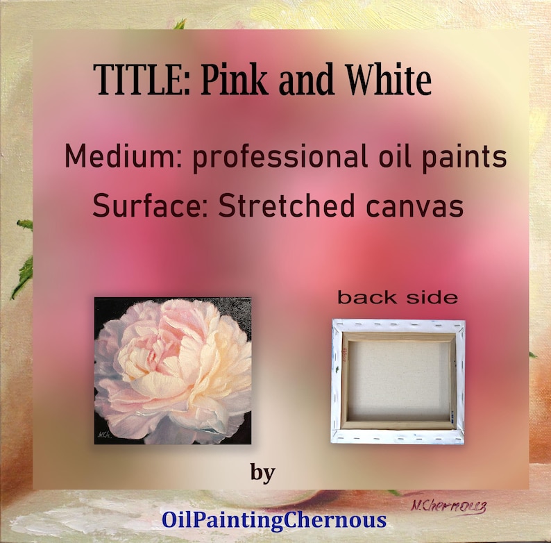 Peony oil painting on stretched canvas. A close-up of a single, pale pink peony flower with a white center. The flower is painted in a realistic style with visible brushstrokes. The background is black.