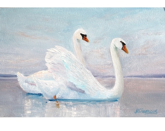 Original Swan Oil Painting: Lake Landscape Art, Made to Order - Etsy