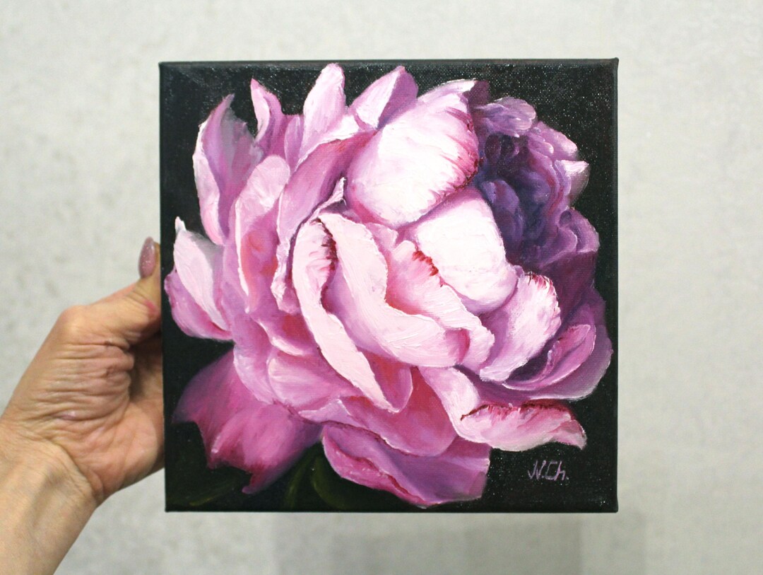 Peony Painting Floral Original Art Pink Flower on Black Oil Canvas 8x8 ...