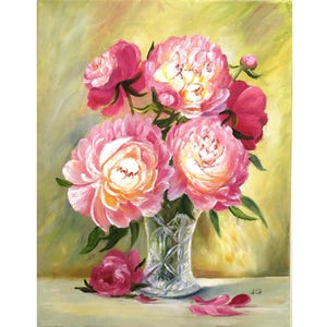 Peony Painting Floral Original Art Pink Flowers In Crystal Vase Wall Art Oil Artwork on Canvas, Best Gift For Women
