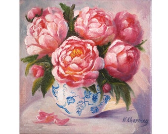 Peony Painting Floral Artwork Original Painting Flower Oil Canvas Gift For Her Pink Wall Art 8x8 inch