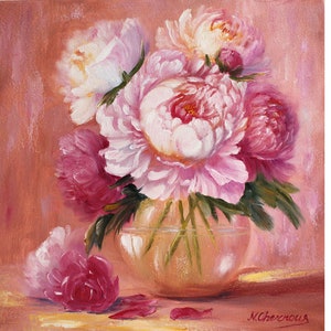 Peonies Oil Painting Flower Original Art Floral Wall Art Pink Peony  Bouquet In Vase Artwork 12x12&quot; By N.Chernous