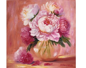 Peonies Oil Painting: Floral Original Art Pink Flowers Bouquet Artwork on Canvas (12x12)