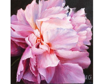 Peony Painting Floral Original Wall Art: Pink Flower Oil Artwork On Black Canvas