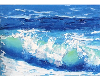 Wave Oil Painting Ocean Original Art Seascape Small Wall Art Artwork 5x7'' Gift For Seascape Lovers