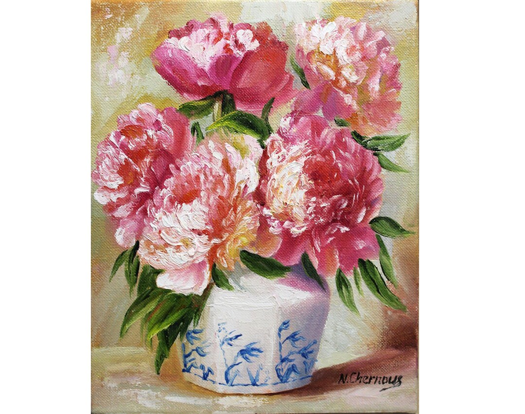 Peony Painting Floral Original Art Flower Oil Pink Canvas Wall Art 10x8 ...