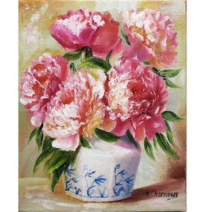 Peony Painting Floral Original Art Flower Oil Painting On Canvas Pink Peonies in Vase Wall Art Artwork Gift For Mom