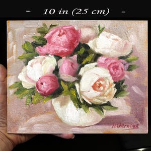 Peony oil painting of a bouquet of pink and white peonies in a white vase. The flowers are arranged in a loose, natural style, and the background is a soft, muted pink. Size 8x10 in