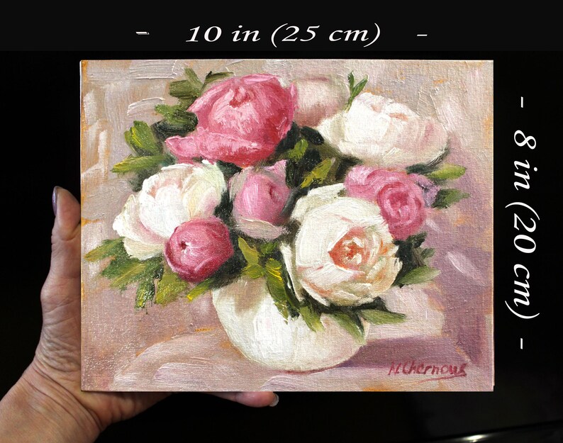 Peony oil painting of a bouquet of pink and white peonies in a white vase. The flowers are arranged in a loose, natural style, and the background is a soft, muted pink. Size 8x10 in