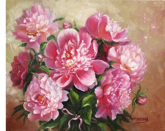 Peony Painting Flower Original Art Floral Oil Artwork Pink Wall Art Canvas