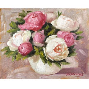 Peony oil painting original of a bouquet of peonies in a round white vase. The flowers are a mix of white and pink, with green leaves. The background is light and warm. The artist's signature is in the bottom right corner.