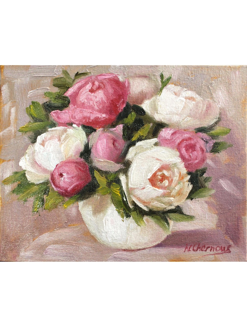 Peony oil painting original of a bouquet of peonies in a round white vase. The flowers are a mix of white and pink, with green leaves. The background is light and warm. The artist's signature is in the bottom right corner.