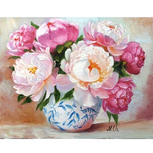 Peony Painting Floral Original Art Flower Oil Artwork Pink Peonies In Vase Wall Art