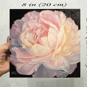Peony oil painting. A close-up of a single, pale pink peony flower with a white center. The flower is painted in a realistic style with visible brushstrokes. The background is black.