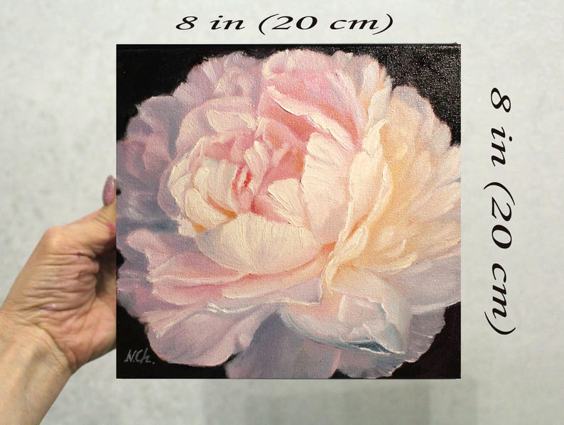 Peony oil painting. A close-up of a single, pale pink peony flower with a white center. The flower is painted in a realistic style with visible brushstrokes. The background is black.