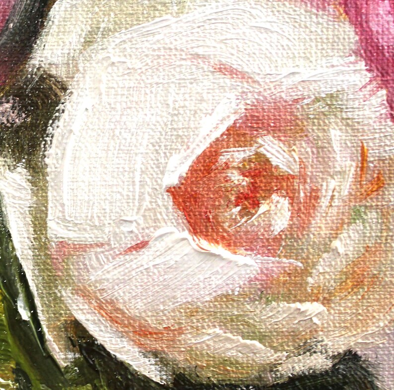 Peony oil painting original of a bouquet of peonies in a round white vase. Close-up