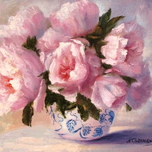 Peony Painting Flower Original Art Floral Wall Art Pink Peonies In Vase Oil Canvas Artwork 8 by 10 inch by N.Chernous