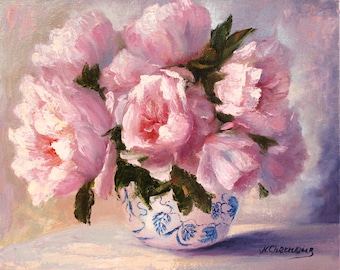 Peony Painting Flower Original Art Floral Wall Art Pink Peonies In Vase Oil Canvas Artwork 8 by 10 inch by N.Chernous