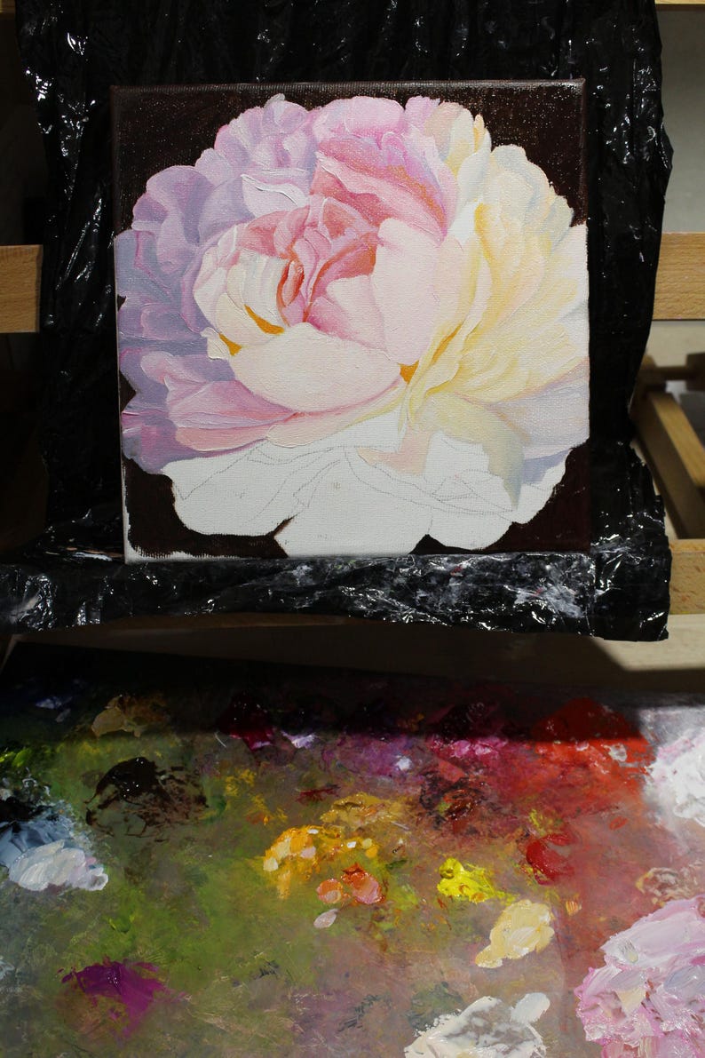 Peony oil painting. A close-up of a single, pale pink peony flower with a white center. The flower is painted in a realistic style with visible brushstrokes. The background is black.