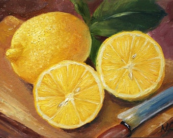 Lemon Painting Fruit Original Art Kitchen Artwork Food Mini Oil Still Life 5x7 inch by Natalie Chernous