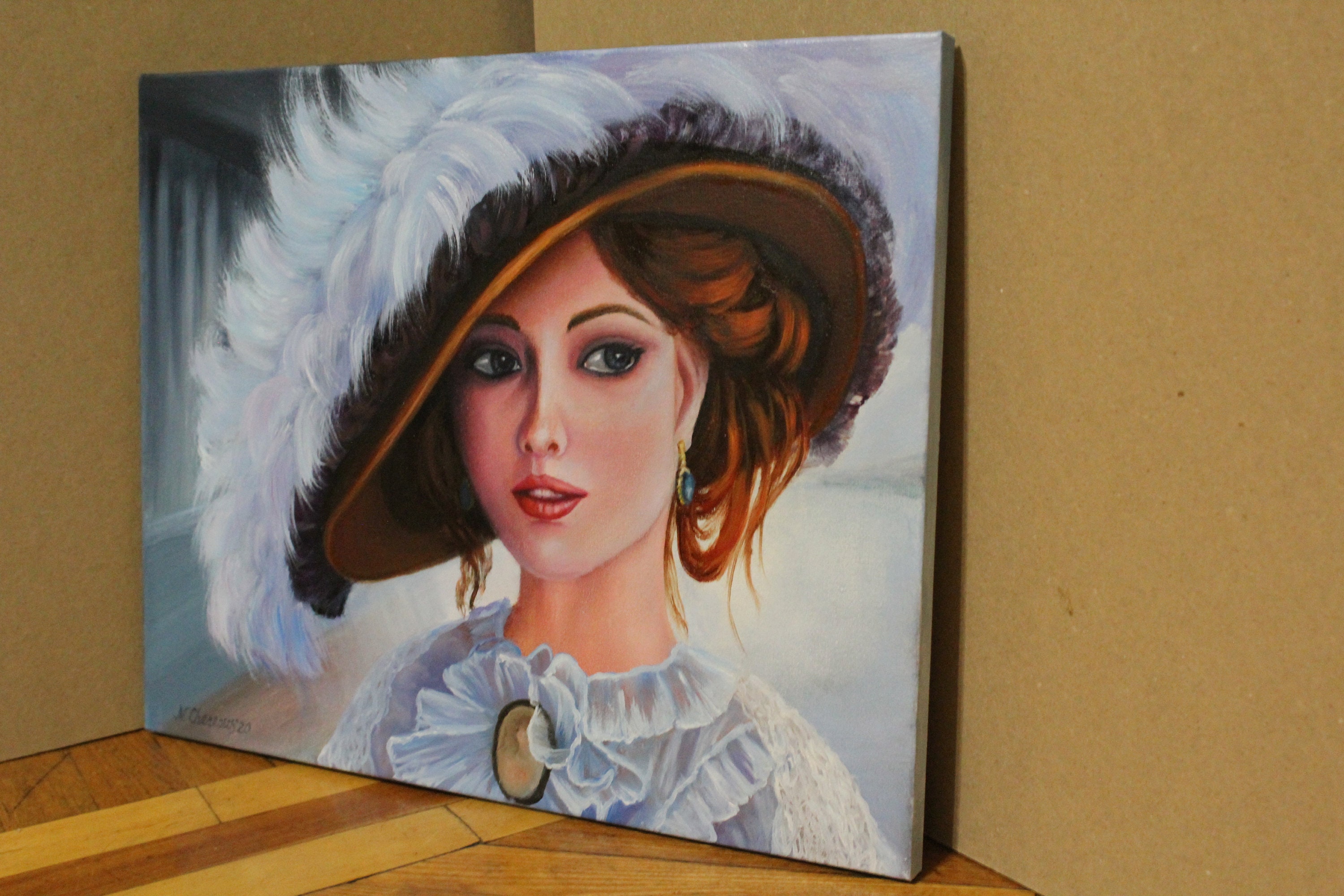 Lady in hat painting Young girl oil color painting decor Etsy