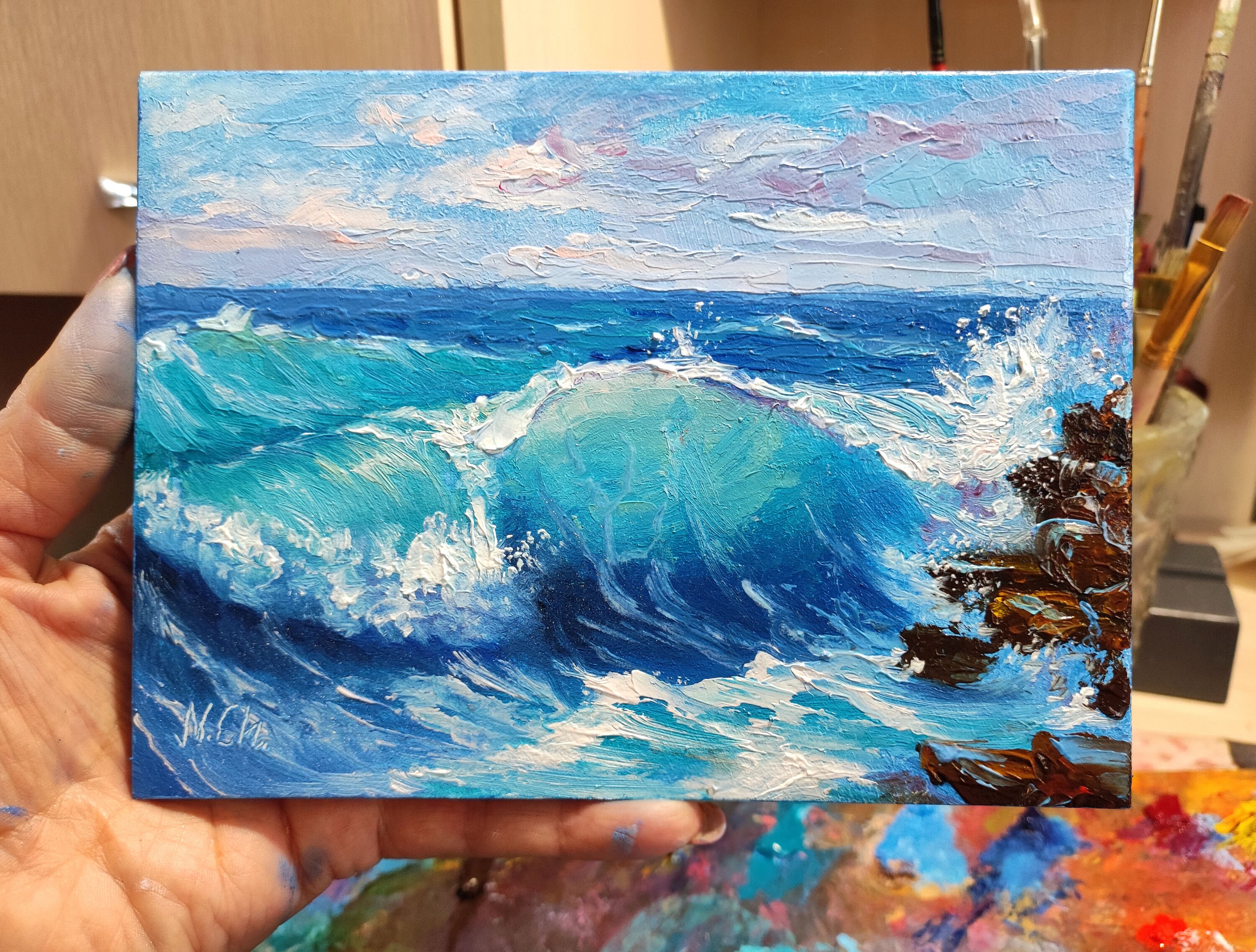 【P50号】good blue(cave) 油絵 oil painting Original Oil Painting on Canvas - Coastal Sunrise (50 cm x