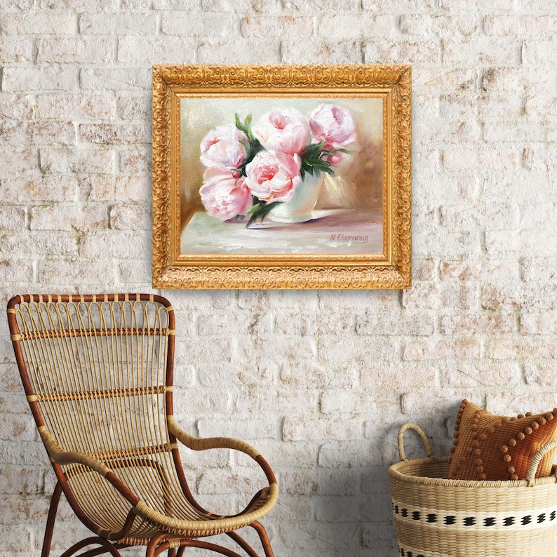 Oil painting depicts a bouquet of pink peonies in a white vase. The artwork is set against a neutral background.