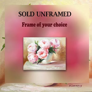 Peonies oil painting of a bouquet of pink peonies in a white vase. Sold unframed