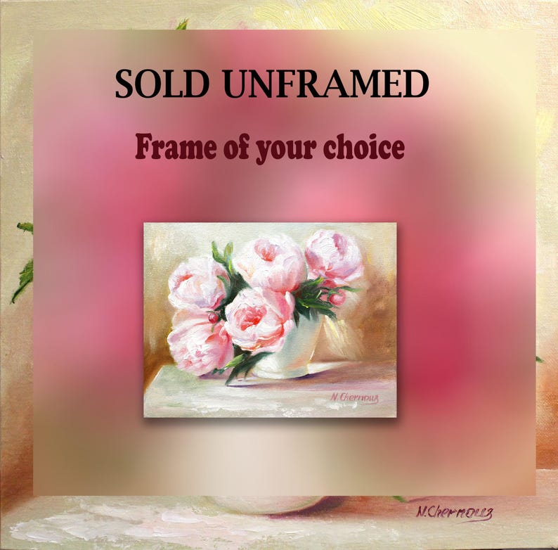 Peonies oil painting of a bouquet of pink peonies in a white vase. Sold unframed
