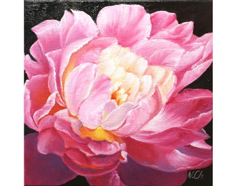 Peony Painting Flower Original Art Floral Pink Wall Art Oil Canvas Artwork 8x8 inches