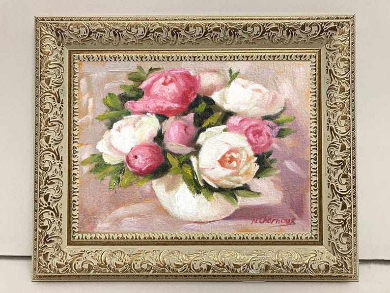 Peony oil painting original of a bouquet of peonies in a round white vase. The flowers are a mix of white and pink, with green leaves. The background is light and warm.