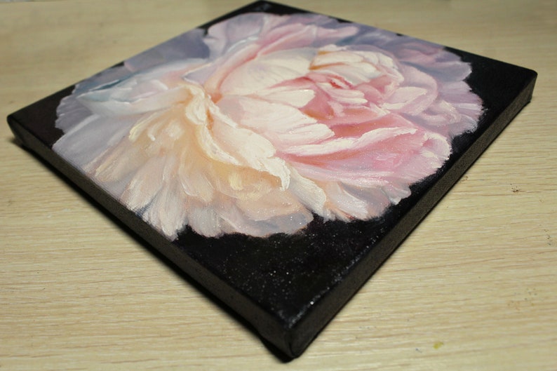 Peony oil painting. A close-up of a single, pale pink peony flower with a white center. The flower is painted in a realistic style with visible brushstrokes. The background is black.
