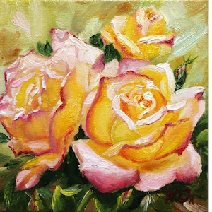 Rose Oil Painting Flower Original Art Floral Wall Art Canvas Small Yellow Oil Artwork Gift For Woman